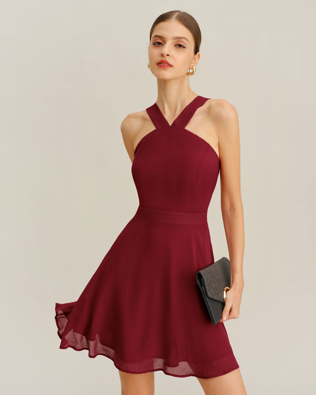Bordo Şifon A Kesim Kolsuz Mini Elbise