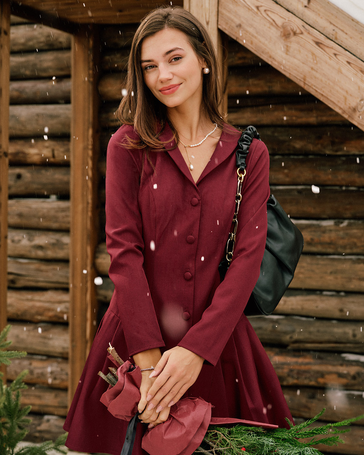 Bordo Düğmeli A Kesim Mini Elbise