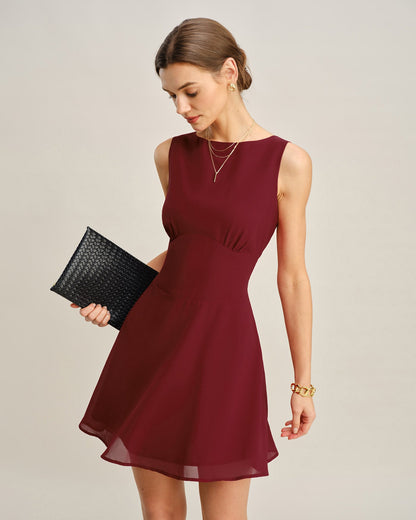 Bordo Kayık Yaka Pileli Mini Elbise