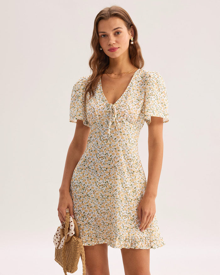 Sarı Çiçek Desenli V-Neck Mini Elbise