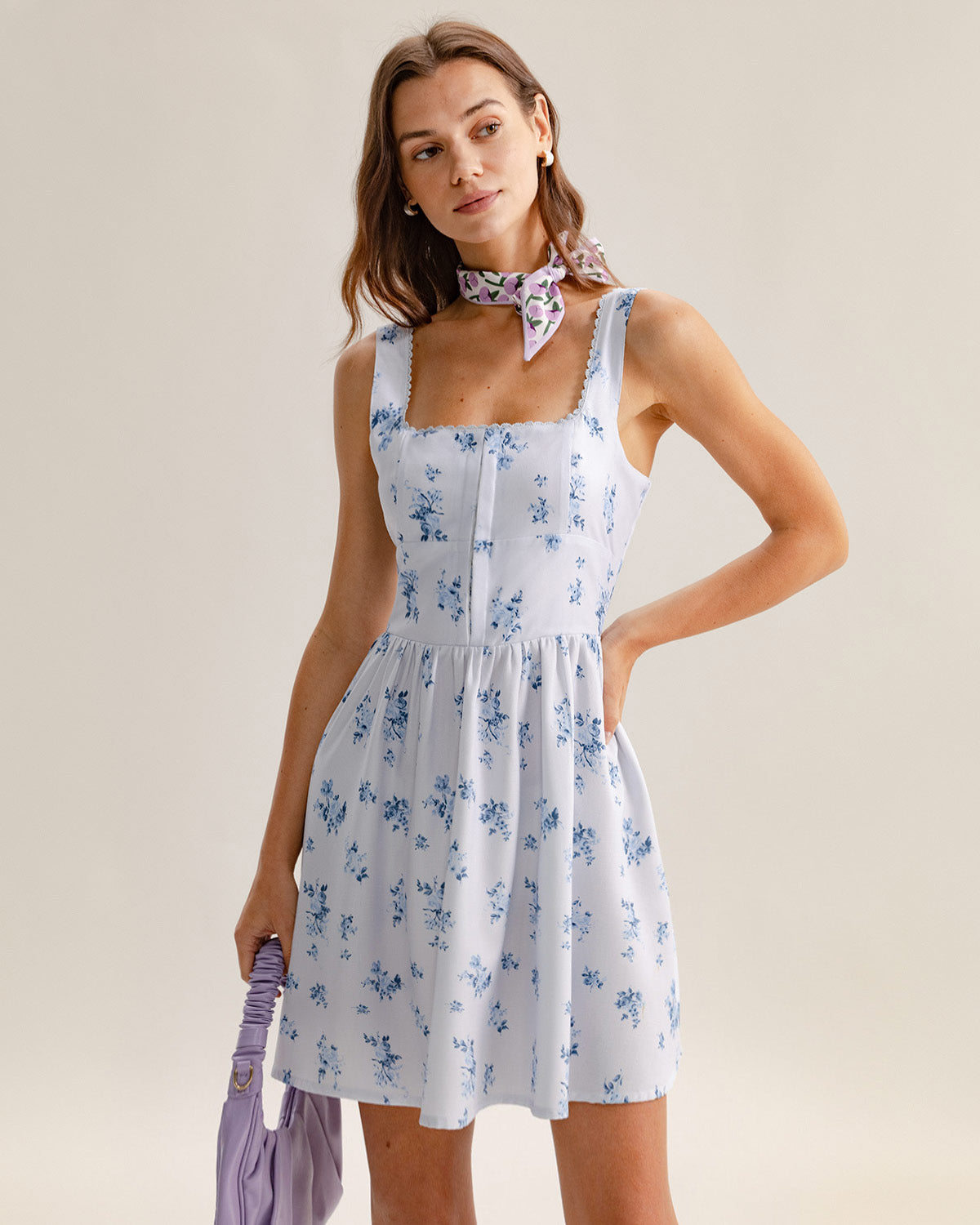 Mavi Çiçek Desenli Kare Yaka Slip Mini Elbise