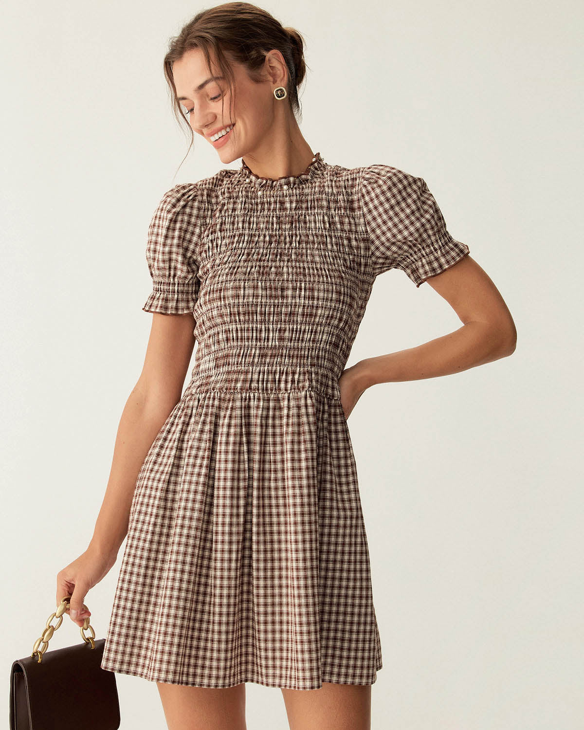 Kahve Gingham Balon Kol Mini Elbise