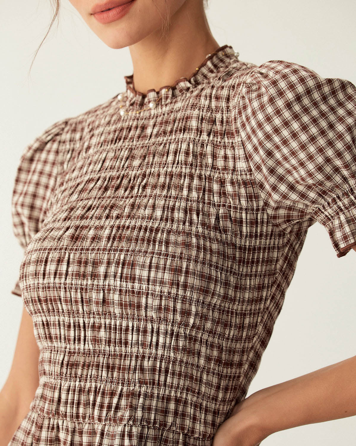 Kahve Gingham Balon Kol Mini Elbise
