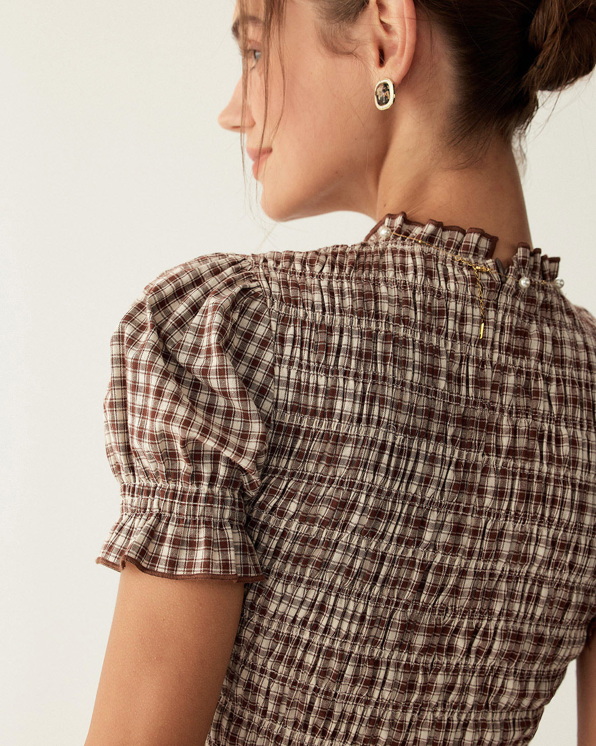 Kahve Gingham Balon Kol Mini Elbise