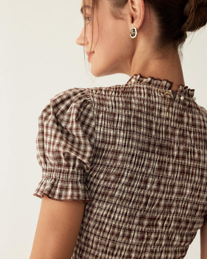 Kahve Gingham Balon Kol Mini Elbise