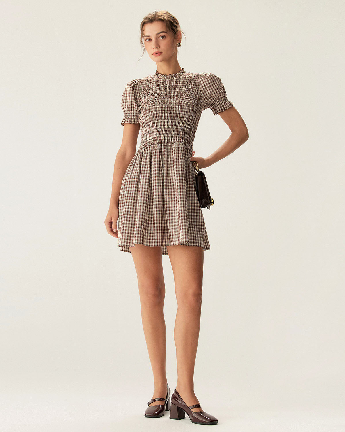Kahve Gingham Balon Kol Mini Elbise