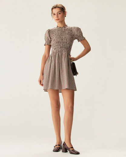 Kahve Gingham Balon Kol Mini Elbise