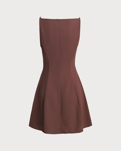 Kahverengi Düğmeli Pileli Slip Mini Elbise