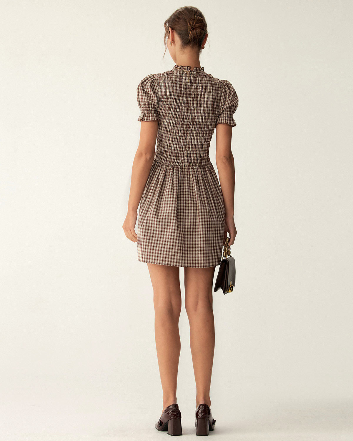 Kahve Gingham Balon Kol Mini Elbise