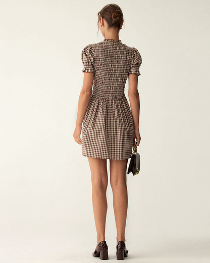Kahve Gingham Balon Kol Mini Elbise
