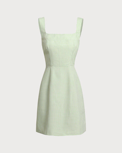 Yeşil Ekoseli Kare Yaka Büzgülü Slip Mini Elbise