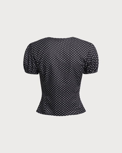 Siyah Puantiyeli Dantelli Trim Bluz