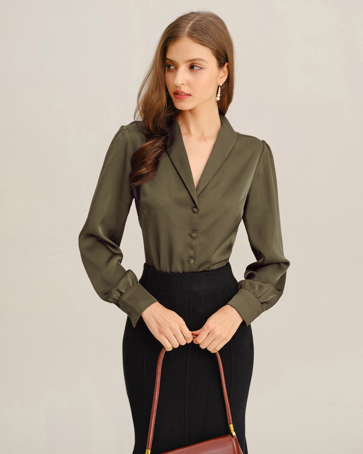 Yeşil Saten V-Neck Office Gömlek