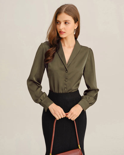Yeşil Saten V-Neck Office Gömlek