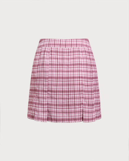 Pembe Ekoseli Düz Mini Etek