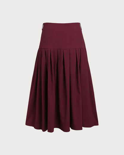 Bordo Normal Bel Pileli Midi Etek