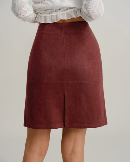 Kırmızı Suede Düz Yırtmaçlı Mini Etek