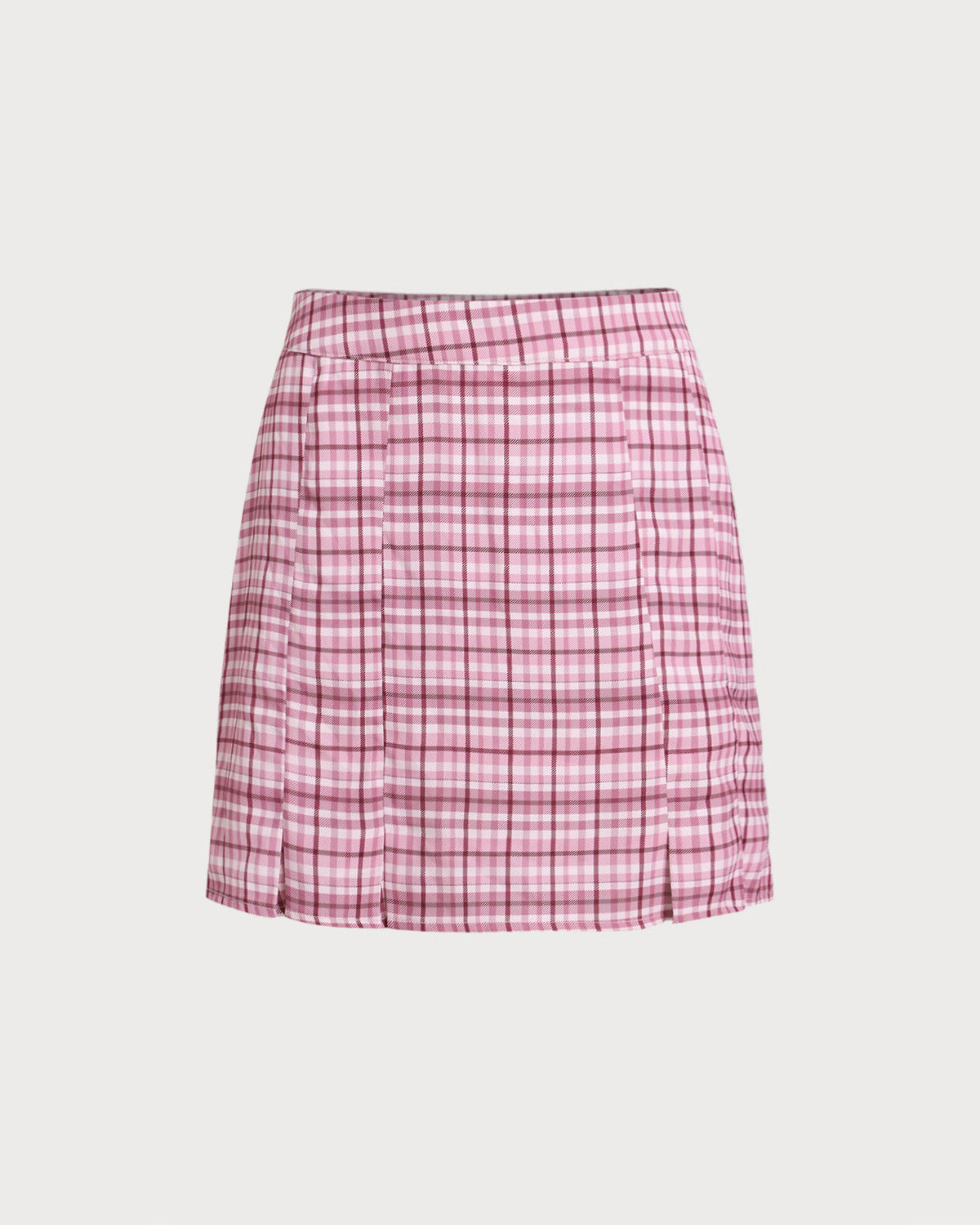 Pembe Ekoseli Düz Mini Etek