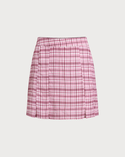 Pembe Ekoseli Düz Mini Etek