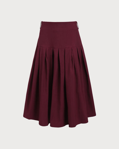 Bordo Normal Bel Pileli Midi Etek