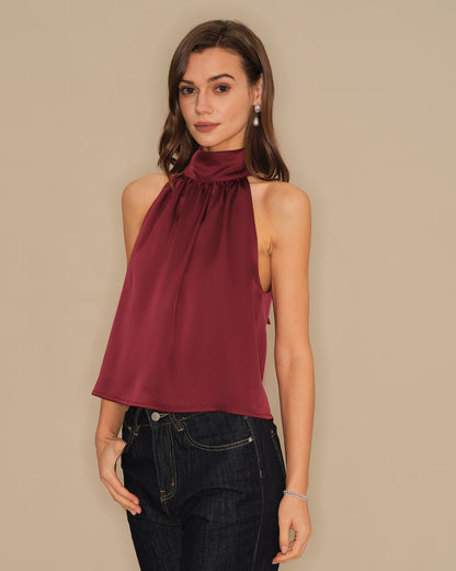 Bordo Balıkçı Yaka Bowknot Saten Atlet