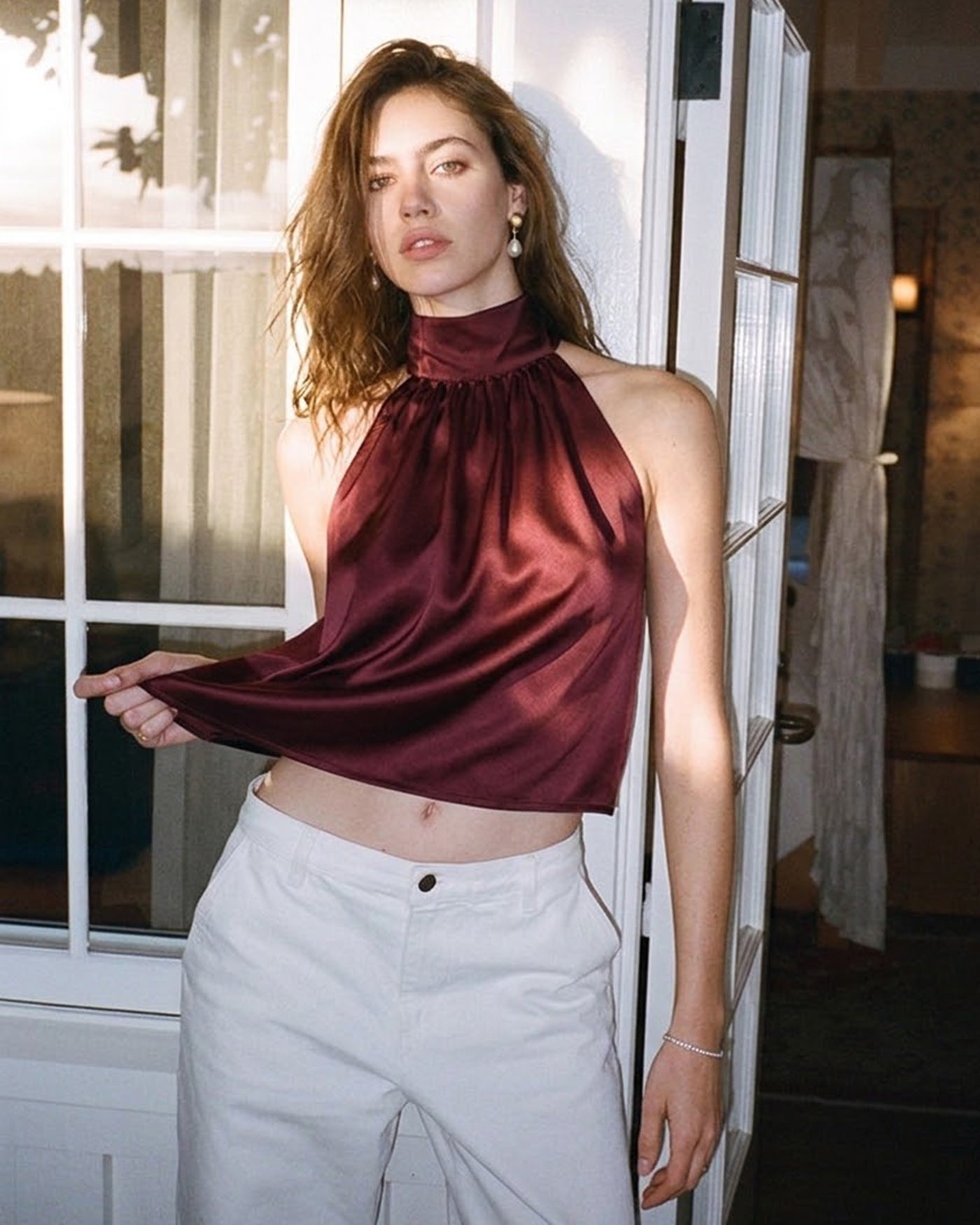 Bordo Balıkçı Yaka Bowknot Saten Atlet