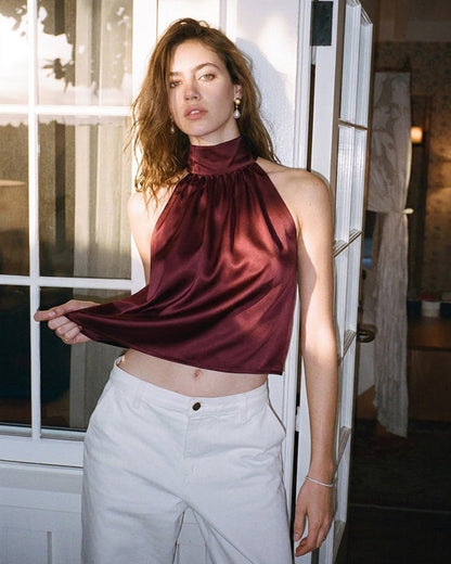 Bordo Balıkçı Yaka Bowknot Saten Atlet