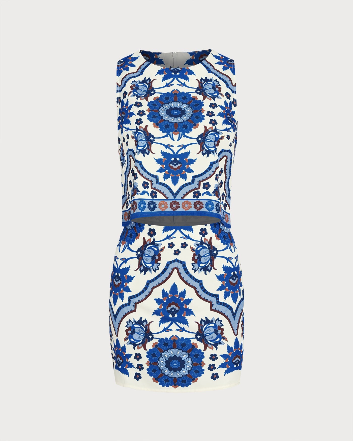 Mavi Çiçek Desenli Two-Piece Etek Takımı