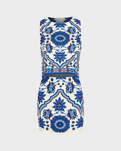 Mavi Çiçek Desenli Two-Piece Etek Takımı