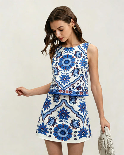 Mavi Çiçek Desenli Two-Piece Etek Takımı