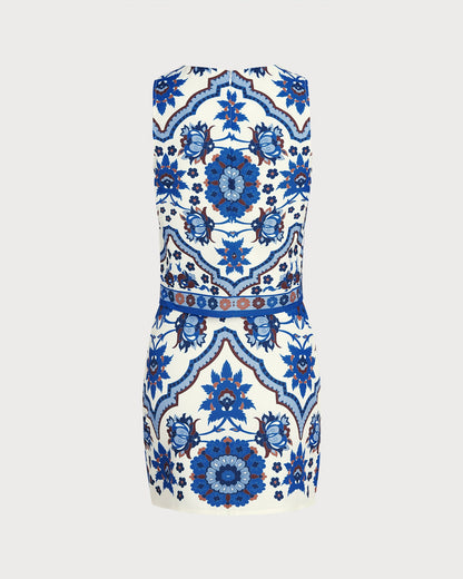 Mavi Çiçek Desenli Two-Piece Etek Takımı