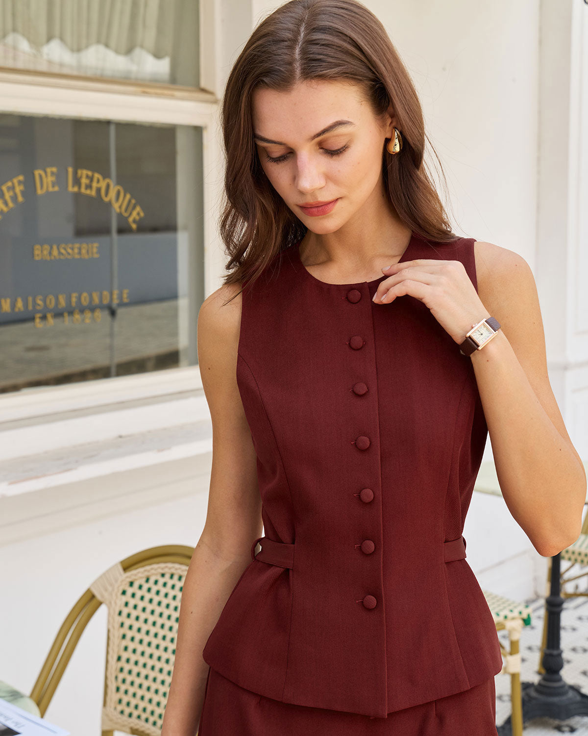Bordo Düğmeli Belted Yelek