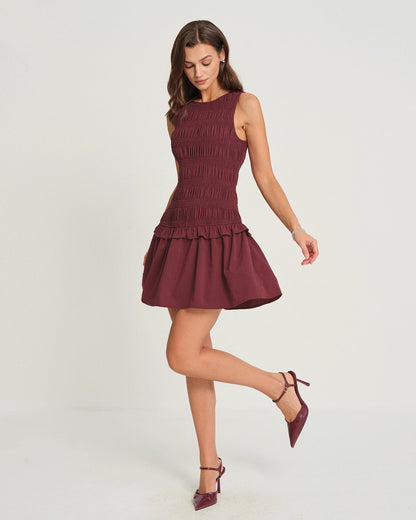 Bordo Kolsuz Büzgülü Mini Elbise