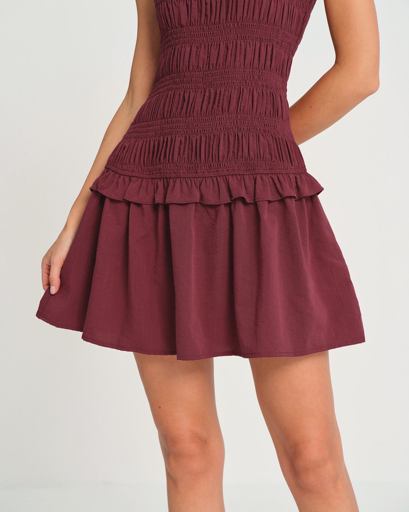 Bordo Kolsuz Büzgülü Mini Elbise