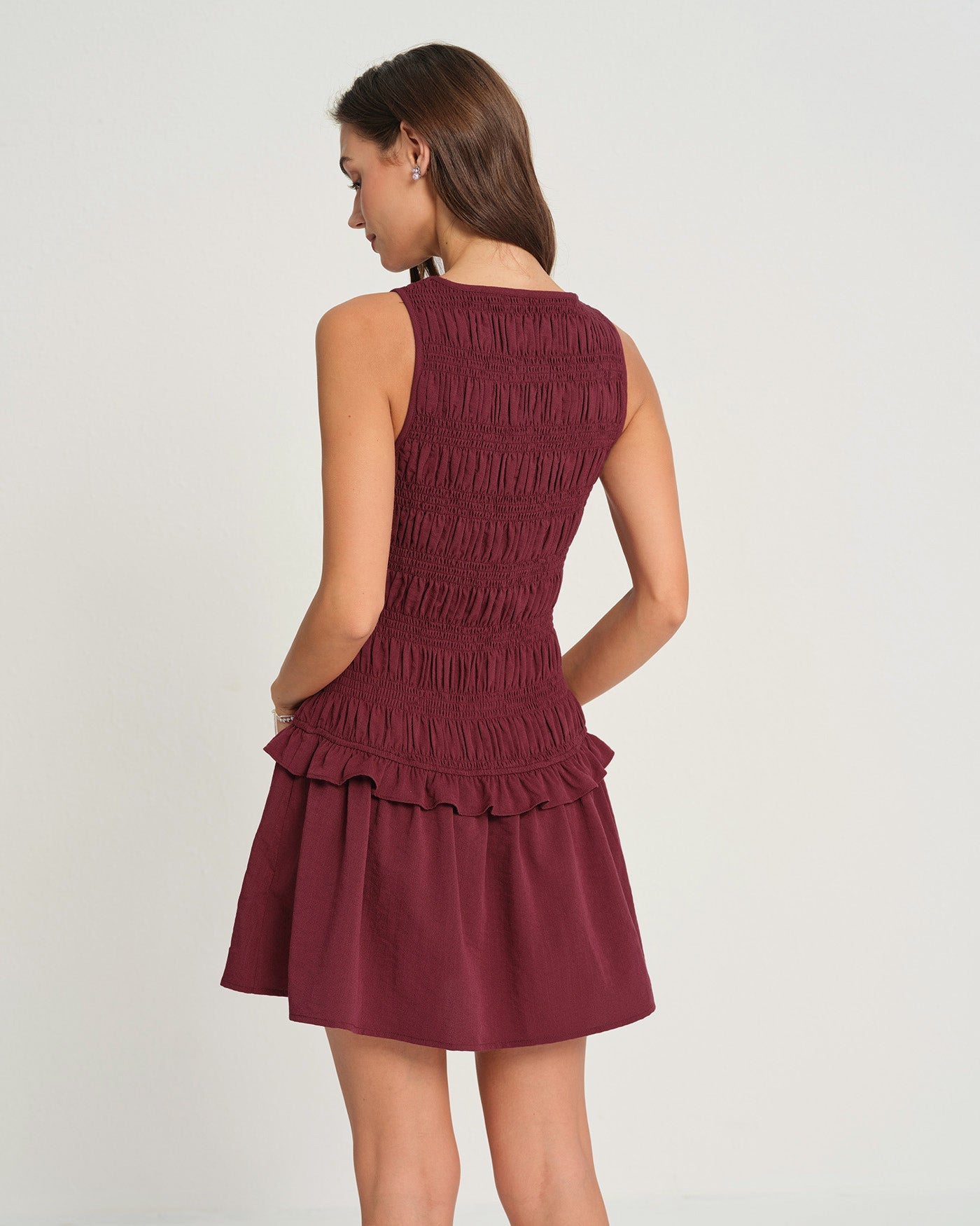 Bordo Kolsuz Büzgülü Mini Elbise